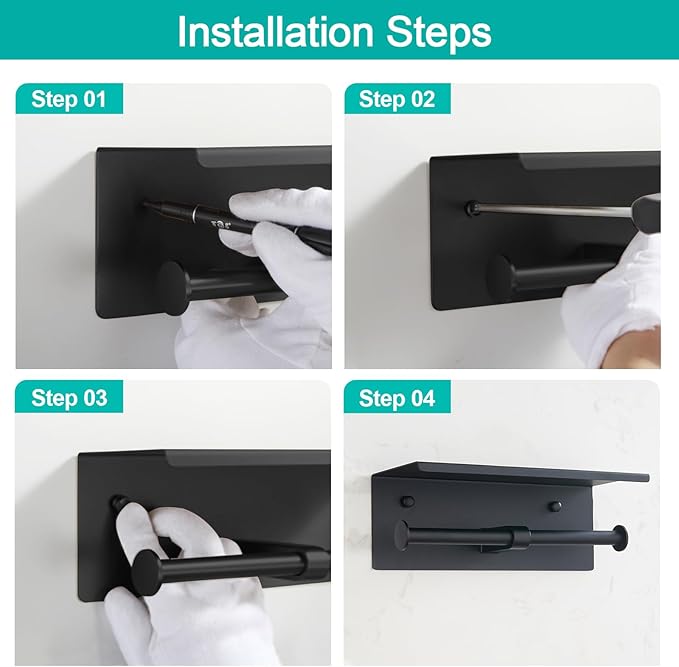 BGL Toilet Paper Holder with Shelf Matte Black, 304 Stainless Steel Wall Mount Toilet Tissue Roll Holder with Double Post for Bathroom, Commercial Toilet Paper Dispenser with Phone Shelf