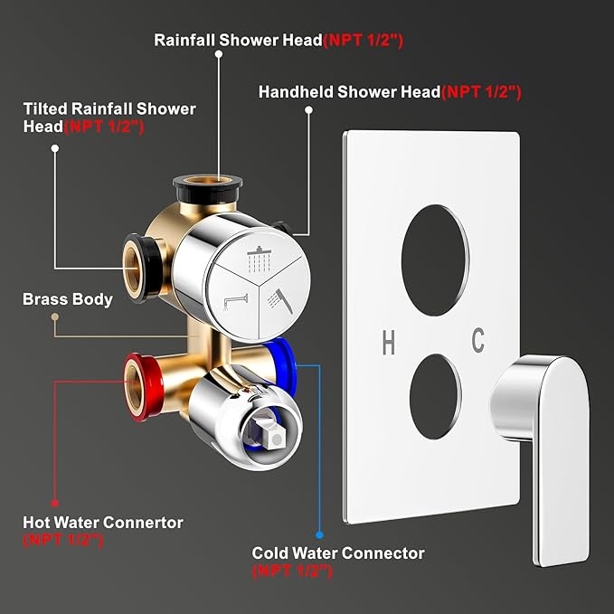 Shower Faucet Set, 3-Setting Push Button Polish Chrome Shower System, 12 Inch Ceiling Mounted Shower Head, 6 Inch Wall Mounted Rain Shower Head with 2 in 1 Handheld Spray, Shower Valve Trim Kit