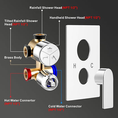 Shower Faucet Set, 3-Setting Push Button Polish Chrome Shower System, 12 Inch Ceiling Mounted Shower Head, 6 Inch Wall Mounted Rain Shower Head with 2 in 1 Handheld Spray, Shower Valve Trim Kit