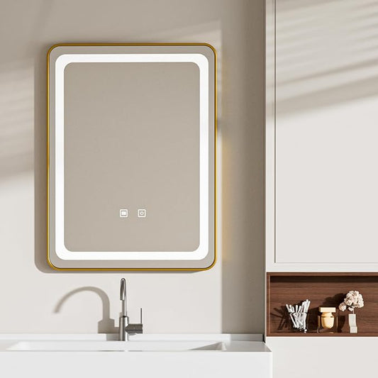 LED Bathroom Mirrors with Lights,24" x 36" Gold Square LED Mirror for Bathroom,Fogless,3 Colors Dimmable, Touch Sensor