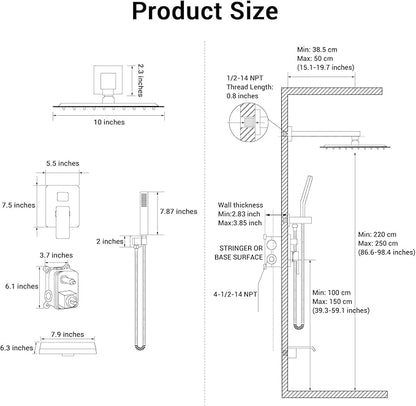 Rain Shower Faucet Set Wall Mounted Rainfall with Tub Spout Shower Head System Rough-in Valve Body and Trim Included Brush Nickel (10 Inches)