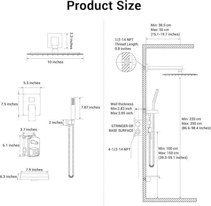 Rain Shower Faucet Set Wall Mounted Rainfall with Tub Spout Shower Head System Rough-in Valve Body and Trim Included Brush Gold (10 Inches)