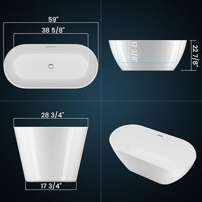 67" Acrylic Freestanding Bathtub, Modern Deep Soaking Tub, cUPC Certified Free Standing Tub, Chrome Drain/Overflow, White Acrylic, Flora White