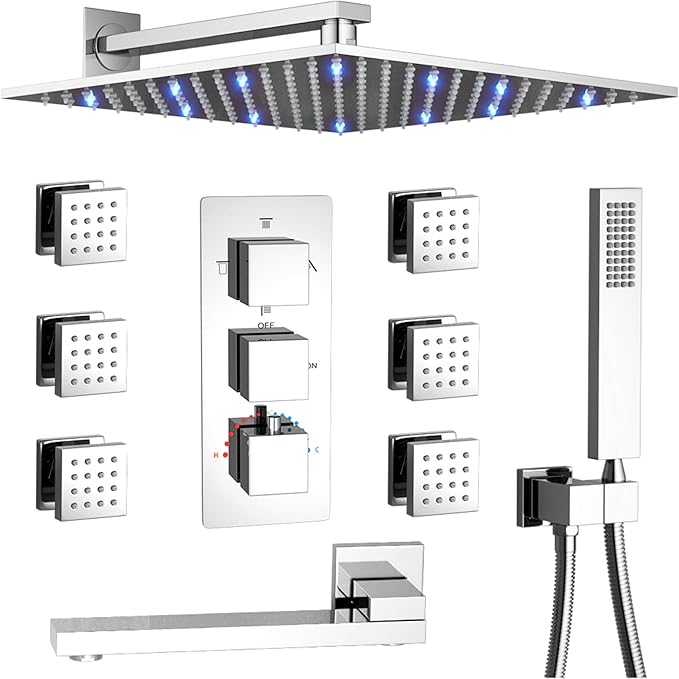 Thermostatic Shower System Chrome Shower Faucet Set 4 Way Bathtub Shower System with 12 inch LED Shower Head,6 PCS Body Jets,Tub Spout,Handheld Shower Head