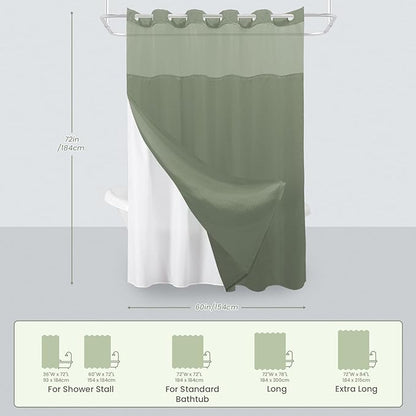 Inhousolu Stall No Hook Shower Curtain with Snap in Fabric Liner Set Waffle Weave 230GSM Weighted Hem, Waterproof & Washable Bathroom Curtain Spa Luxury with Mesh Top Window 60" W x 72" L Sage Green