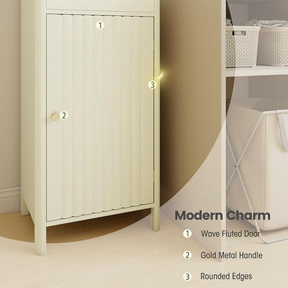 Tangkula 67" Tall Bathroom Cabinet, Narrow Floor Cabinet w/Fluted Door, 3 Open Shelves & 1 Drawer, Freestanding Storage Organizer w/Adjustable Shelf & Anti-tip Kit for Kitchen, Living Room (Beige)