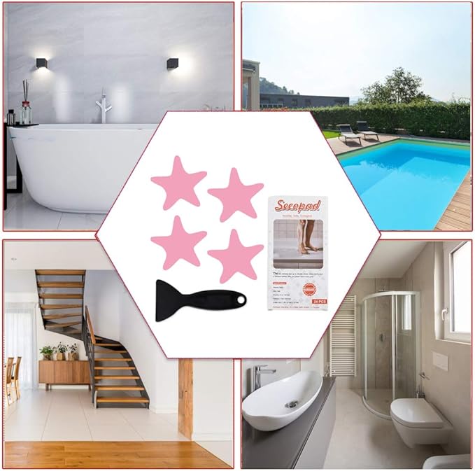 Anti Slip Shower Stickers Safety Bathtub Strips Adhesive Decals with Premium Scraper (Pink)