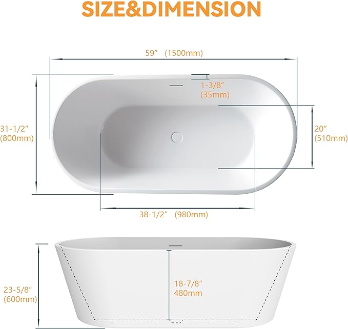 59" Acrylic Freestanding Bathtub, Free Standing Tub, Stand Alone Tub, Soaking Tub with Integrated Overflow and Drain, cUPC Certified, Gloss White