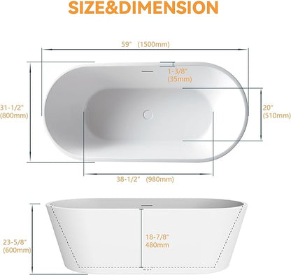 59" Acrylic Freestanding Bathtub, Free Standing Tub, Stand Alone Tub, Soaking Tub with Integrated Overflow and Drain, cUPC Certified, Gloss White