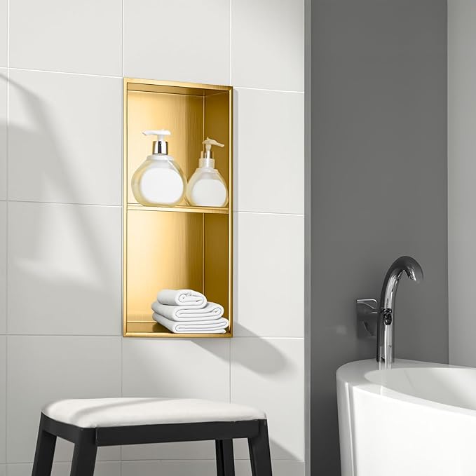 SaniteModar Shower Niche, Stainless Steel Shower Niche 12" X 24" No Tile Needed, Recessed for Bathroom Storage, Brushed Gold Double (Brushed Gold, 12x24,Double)