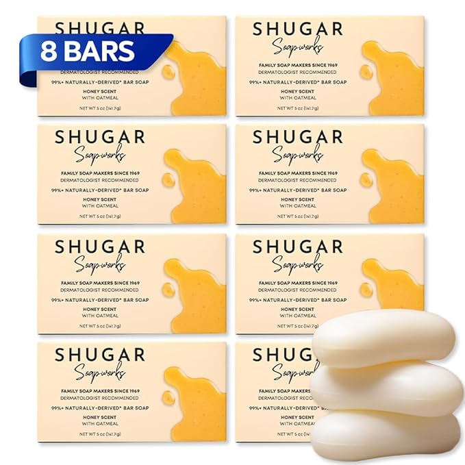 Shugar Soapworks Oatmeal & Honey 5 oz Beauty Bar Soap 8-Pack | Plant-Based Vegan Formula | Sulfate & Paraben Free | Gentle Exfoliating Cleanser with Finely Ground Oatmeal Flakes