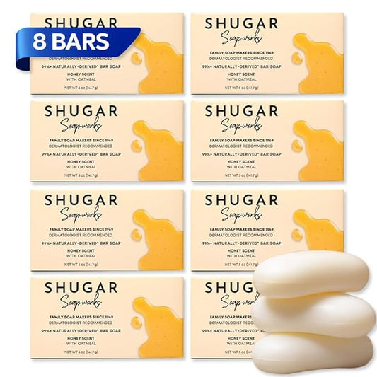 Shugar Soapworks Oatmeal & Honey 5 oz Beauty Bar Soap 8-Pack | Plant-Based Vegan Formula | Sulfate & Paraben Free | Gentle Exfoliating Cleanser with Finely Ground Oatmeal Flakes