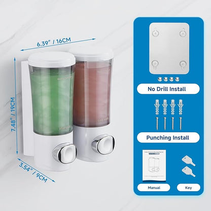 Shampoo and Conditioner Dispenser No Drill Shower Soap Dispenser Wall Mounted Shower Dispenser 2 Chamber with Upgrade Smooth Pump Head Bathroom Body Wash Soap Dispenser Set 450ml*2 White