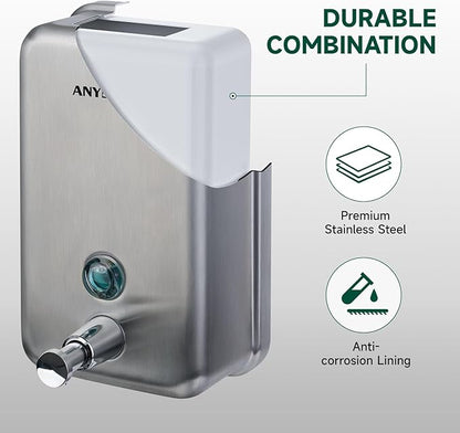 Commercial-Grade Manual Soap Dispenser, Durable Brushed Stainless Steel Finish, 37oz (1100ml) Liquid, Wall-Mounted for Bathroom & Kitchen