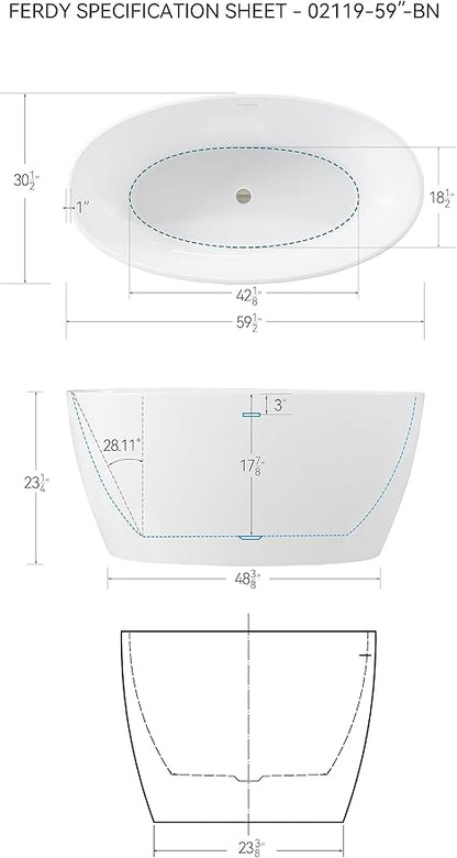 FerdY Tahiti 59" Acrylic Freestanding Bathtub, Elegant Oval Shape Bathtub, Glossy White, Brushed Nickel Drain & Integrated Slotted Overflow Assembly Included cUPC Certified, 02119