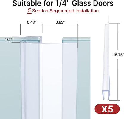 AmazerBath 5 PCS Shower Door Side Seal Strip -15.75 Inches x 5, 5 Sections Segmented Shower Installation Kit, Frameless Glass Door Seal Strip - Suitable for 1/4 Inch Glass