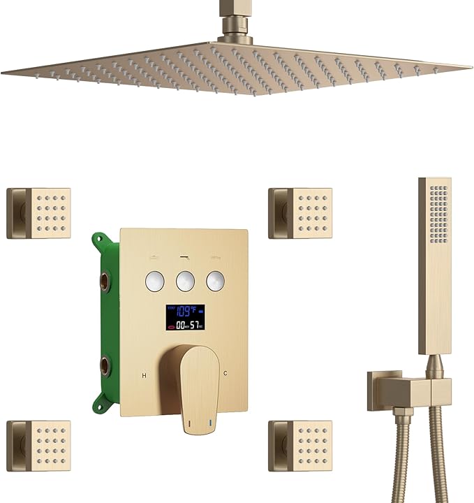 Brushed Gold Shower System with 12 inch Ceiling Mounted Shower Head and Handheld Shower, 4 PCS Body Jet, with Digital Temperature Display Function