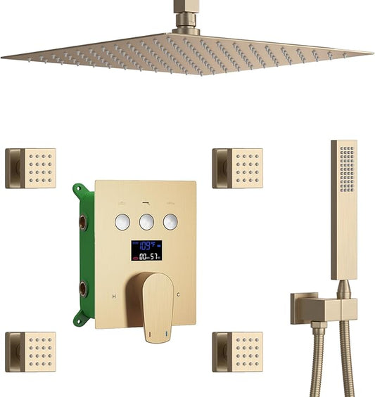 Brushed Gold Shower System with 12 inch Ceiling Mounted Shower Head and Handheld Shower, 4 PCS Body Jet, with Digital Temperature Display Function