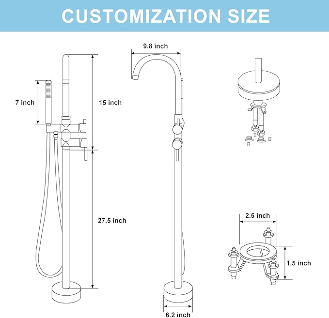 Freestanding Bathtub Faucet, Floor Mount Bathtub Faucet with 2 Water Outlet Mode, Swivel Gooseneck Spout with Hand Shower, Brass Single Handle Tub filler, Max Flow Rate 7.4 GPM,Brushed Nickel
