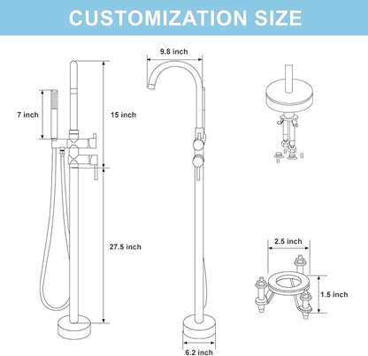 Freestanding Bathtub Faucet, Floor Mount Bathtub Faucet with 2 Water Outlet Mode, Swivel Gooseneck Spout with Hand Shower, Brass Single Handle Tub filler, Max Flow Rate 7.4 GPM,Brushed Nickel