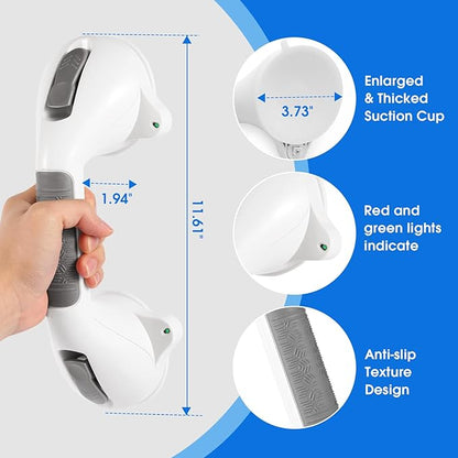 Suction Grab Bar with Safety Indicator for Bathtub Shower Bathroom, Heavy Duty Handrail Removable Reusable for Elderly Disabled and Kids, Anti-Slip Grip, No Drilling Tool Free, Waterproof Grey