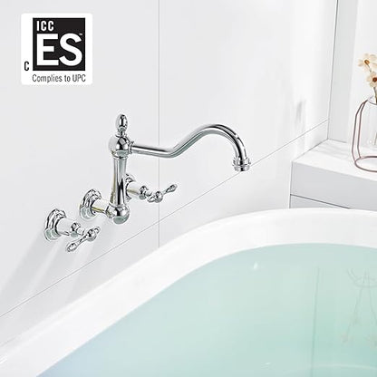 sumerain Vintage Tub Faucet Wall Mount Bathtub Faucet 3 Hole 8 Inches Center Chrome