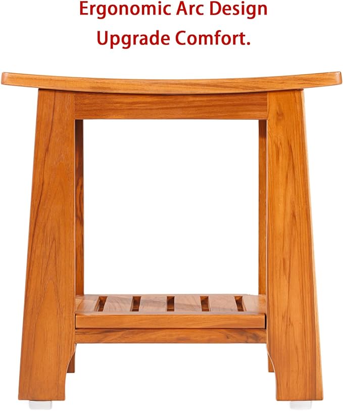 14" Compact Teak Shower Stool with Shelf & Handle - Waterproof, Non-Slip Bath Bench for Small Bathrooms/Outdoor Use, 300 lbs Capacity (Patented)