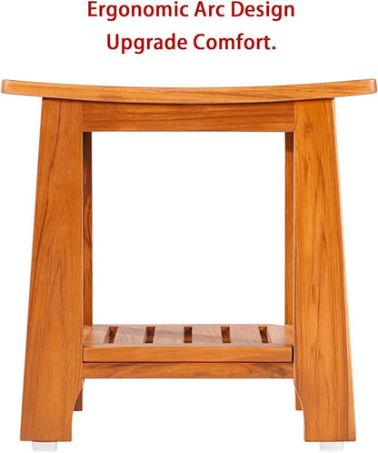 14" Compact Teak Shower Stool with Shelf & Handle - Waterproof, Non-Slip Bath Bench for Small Bathrooms/Outdoor Use, 300 lbs Capacity (Patented)