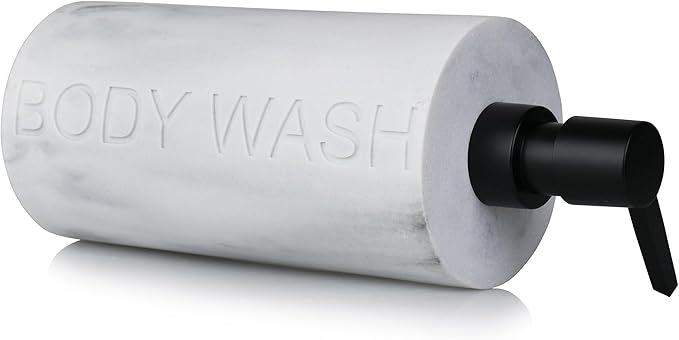 Resin White Marbled Body Wash Engraved Bottle Refillable Pump Dispenser, Durable Waterproof Construction for Bath, Shower - Resin White Marble - Matte Black Pump