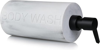 Resin White Marbled Body Wash Engraved Bottle Refillable Pump Dispenser, Durable Waterproof Construction for Bath, Shower - Resin White Marble - Matte Black Pump
