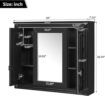 Merax Wall Mounted Bathroom Medicine Cabinet with Mirror, Bathroom Wall Cabinet with Doors and Shelves, 34" x 29" Mirrored Door Over Toilet Storage Cabinet, Black