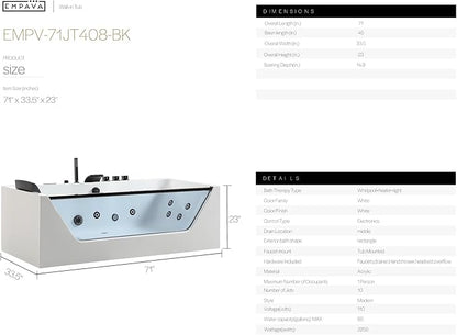 Empava Acrylic Whirlpool Bathtub, 71-Inch Jetted Bathtub with Heater, 10 Jets Hydromassage with Chromatherapy, 3-Side Apron with LED Control Panel, Waterfall, Black Hardware and Nozzles