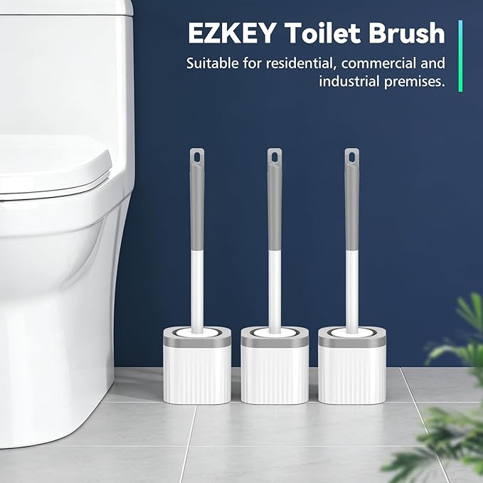 Toilet Brush, 3 Pack Toilet Brush and Holder Set with Nylon Bristles Toilet Bowl Brush Compact Hidden Scrubber Brushes for Bathroom Deep Cleaning, Grey & White