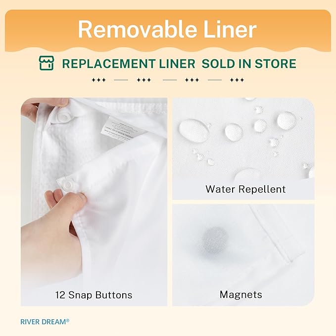 River Dream Heavyweight No Hooks Required Dotted Waffle Weave Shower Curtain with Snap in Liner - 60W x 74L, Hotel Grade, Spa Like Bath Curtain, White