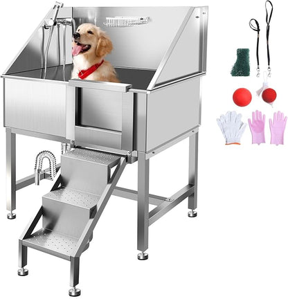 38" Dog Washing Station Large Dogs Grooming Tub Professional Stainless Steel Dog Bathtubs Bathing Tub Pet Washing Station for Home with Steps,R-Door