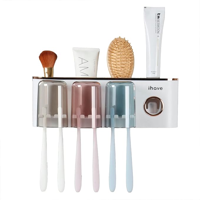 iHave Toothbrush Holders Bathroom Accessories with Toothpaste Dispenser, 3 Cups Toothbrush Holder Wall Mounted Bathroom Decor