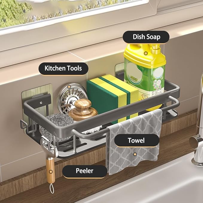 Kitchen Sink Drain Storage Rack Wall Mount Sponge Holder with Drainer Shampoo Soap Storage Shelf Toilet Balcony Bathroom Dishwashers Wire Rags Sponge Sink Drain (Gray)