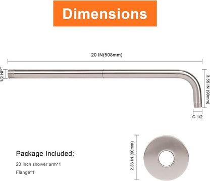 HarJue Shower Arm with Flange and Teflon Tape, Wall Mounted Shower Pipe 304 Stainless Steel Extension Arm for Fixed Shower Head & Handheld (20 Inch, Brushed Nickel)