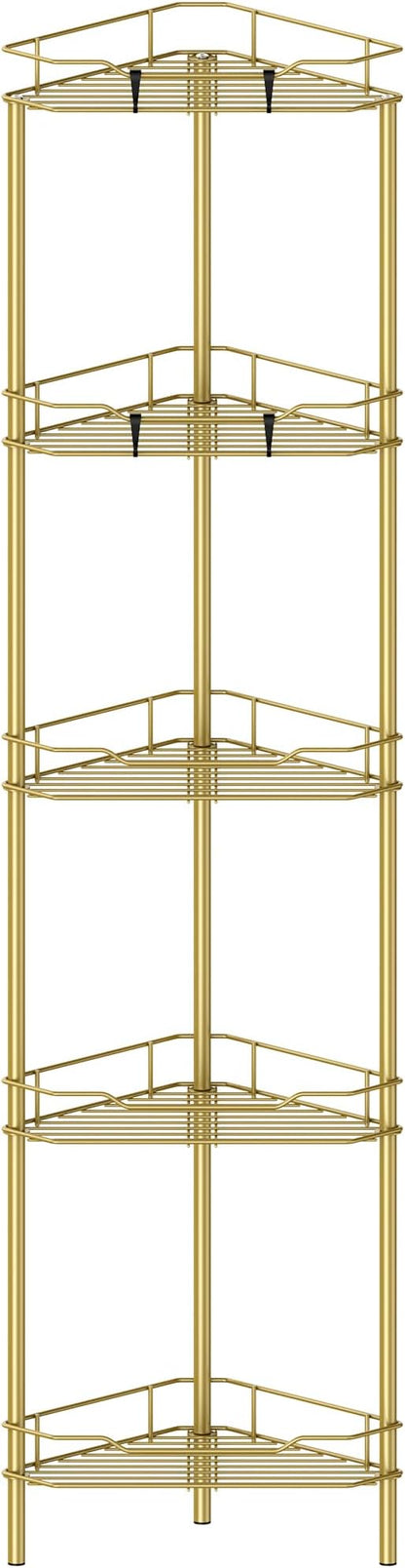 5 Tier Floor Standing Corner Shower Caddy Organizer Shelf with Hooks, Bathroom Shelves Stand Rack, Gold