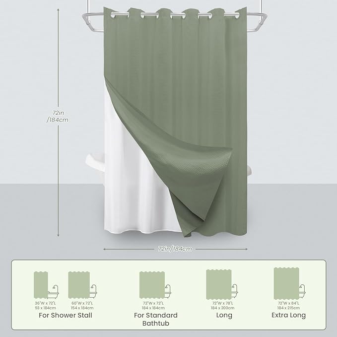 Inhousolu No Hook Waffle Weave Shower Curtain with Removable Snap in Fabric Liner Set for Bathroom, 230 GSM Heavy Duty Weighted Hem, Water Repellent Washable Bath Curtains, 72 x 72 Inch, Sage Green