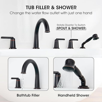 Roman Tub Faucet Set with Hand Shower, KRUZOO Bathtub Faucet Set Trim Kit with Rough-in Valve, Deck Mount Widespread 5 Hole Brass Tub Filler, KZ-9609ORB, Oil Rubbed Bronze