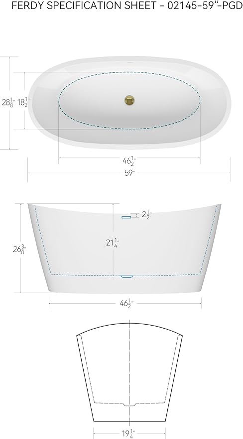 FerdY Naha Elite 59" Acrylic Freestanding Bathtub, Curve Edge Freestanding Soaking Bathtub, Glossy White, cUPC Certified, Polished Gold Drain & Minimalist Linear Design Overflow Included