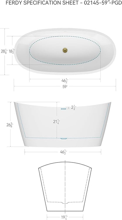 FerdY Naha Elite 59" Acrylic Freestanding Bathtub, Curve Edge Freestanding Soaking Bathtub, Glossy White, cUPC Certified, Polished Gold Drain & Minimalist Linear Design Overflow Included