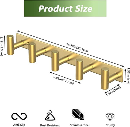 Wall Mounted Coat Rack-5 Hooks, Heavy Duty Stainless Steel Wall Hooks for Towel Coat Bag, Hat Rack Coat Hanger Coat Hooks Towel Racks for Bathroom Entryway Kitchen Hotel Office (Gold, 1 Pack)