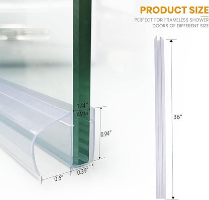 Bathroom Shower Glass Door Bottom Seal Strip, 2PCS 36 Inch Long Clear PVC Seal Strips for 1/4"(6mm) Thick Framless Glass Door Panel
