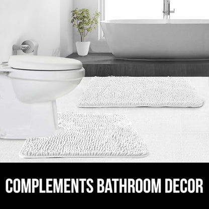 GORILLA GRIP Plush Absorbent Shaggy Chenille Bath Rug Mat for Square Toilet Base with Rubber Backing, Machine Washable Rugs, Soft Microfiber Contour Mats for Toilets, Bathroom Decor, White