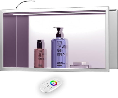 RGB LED Light Shower Niche, Brushed 24X12 in Stainless Steel Wall Cabinet with Remote Control, Waterproof No Tile Needed Wall Niche for Bathroom Storage Built-in Installation