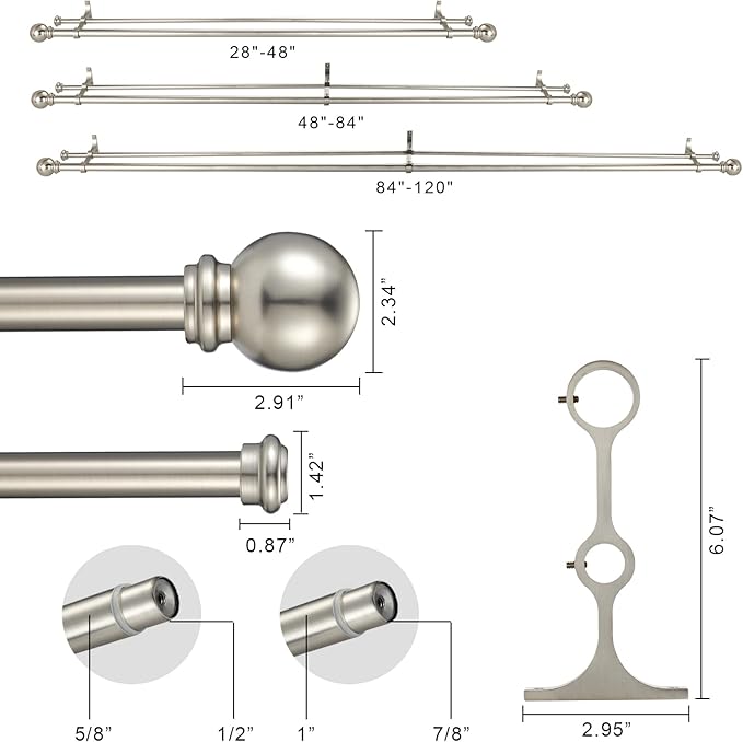 Double Curtain Rod 84 to 120 inch, Adjustable 1 inch Double Drapery Rod Rods for Windows and Doors with Ball Round Finials and Premium Aluminum Brackets Set (84-120",Brushed Nickel)