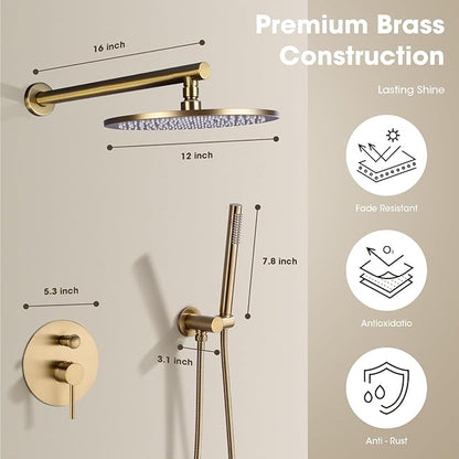 TRUSTMI 12-Inch Brushed Gold Shower System, Brass Wall Mounted Rainfall Shower Set (Contain Concealed Pressure Balance Rough-in Valve Body and Trim)