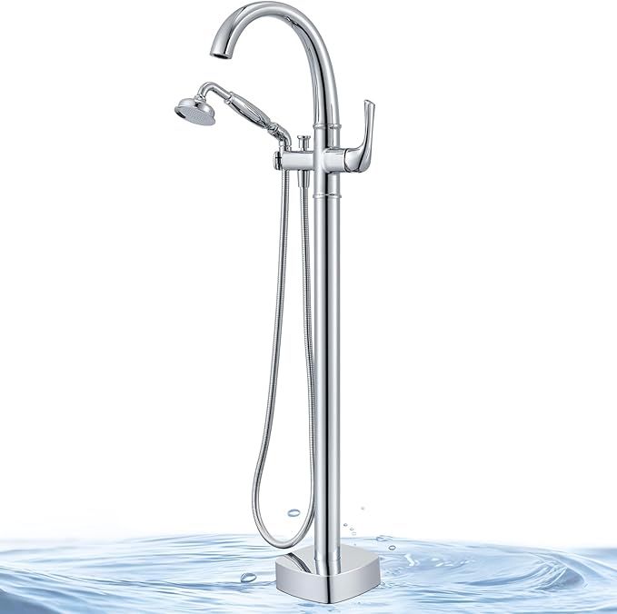 Free Standing Tub Faucet, Jabbol Luxury Freestanding Bathtub Faucet with Sprayer, Brass Bathroom Floor Mount Tub Filler, Polished Chrome (JB-8811CP)